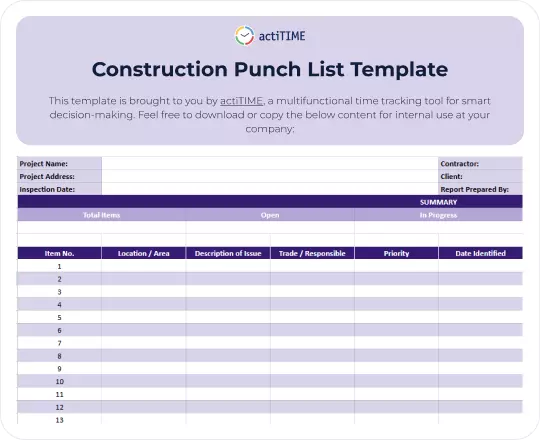 construction punch list template